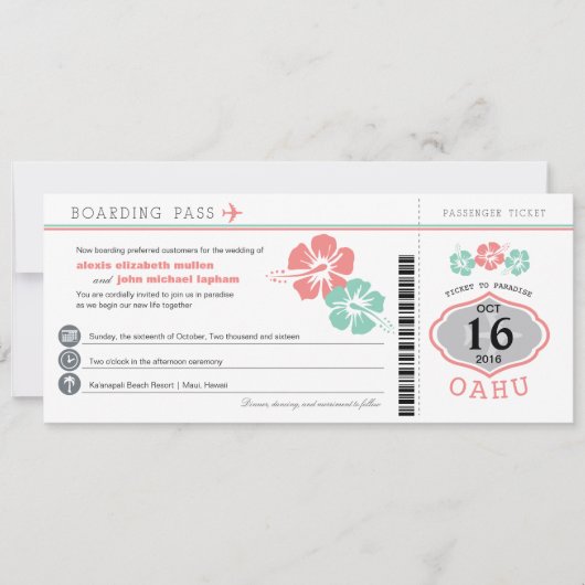 Oahu Hawaii Hibiscus Boarding Pass Wedding Kaart (Voorkant)