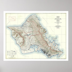 Oahu Hawaii Topografische kaart 1938 Poster