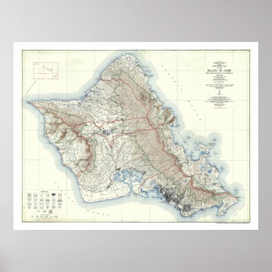 Oahu Hawaii Topografische kaart 1938 Poster (Voorkant)