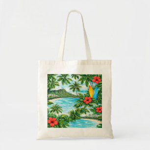 Oahu Hawaii Tropische Schildpad, Surfplank & Hibis Tote Bag