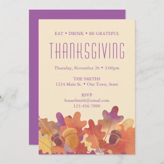 Oak-bladeren en -eikenhouten Thanksgiving in Paars Aankondiging (Voorkant / Achterkant)