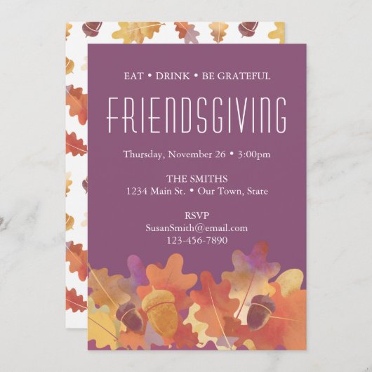 Oak-bladeren en -eikenhouten Thanksgiving in Paars Aankondiging (Voorkant / Achterkant)