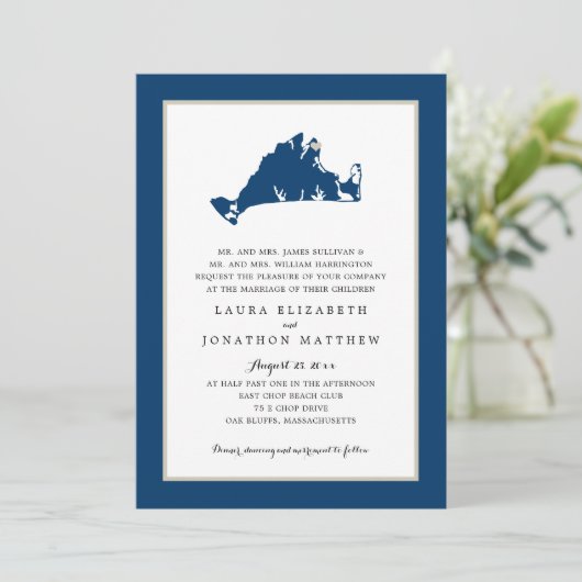 Oak Bluffs Marthas Vineyard Blue Map Wedding Invit Kaart (Staand voorkant)