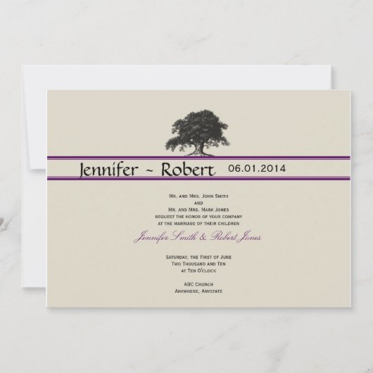 Oak-boomplant in Paarse uitnodiging tot bruiloft (Voorkant)