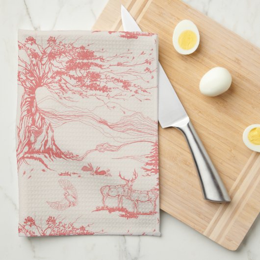 Oak & Elk Dagelijks Toile in Roze koraal & room Theedoek (Quarter Fold)