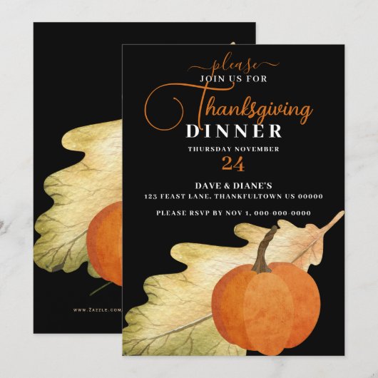 Oak Leaf & Pumpkin op Black Thanksgiving Dinner Kaart (Voorkant / Achterkant)