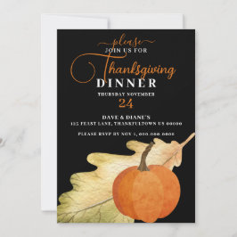Oak Leaf & Pumpkin op Black Thanksgiving Dinner Kaart