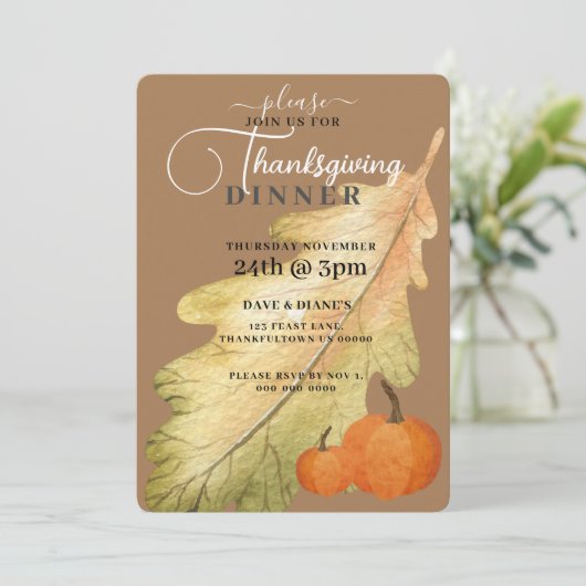 Oak Leaf & Pumpkin op Tan-Thanksgiving Kaart (Staand voorkant)