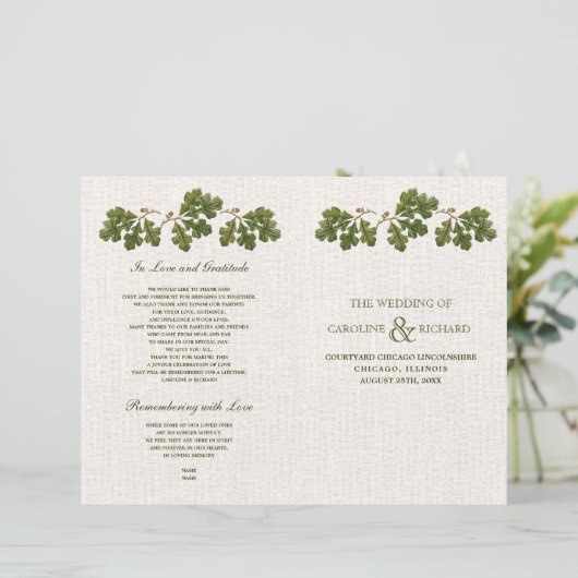  Oak Leaves Burlap Burlap Wedding Programma's (Staand voorkant)