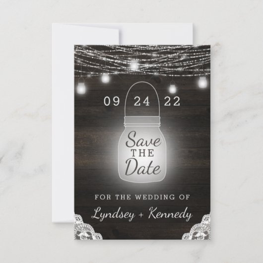 Oak Ridge Rustic Wood Lichten & Mason Jars Save The Date (Voorkant)