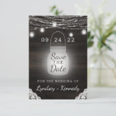 Oak Ridge Rustic Wood Lichten & Mason Jars Save The Date (Staand voorkant)