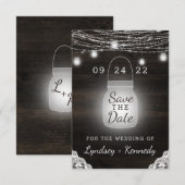 Oak Ridge Rustic Wood Lichten & Mason Jars Save The Date (Voorkant / Achterkant)