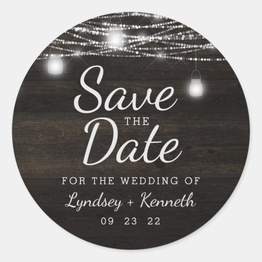 Oak Ridge Rustic Wood & Lights Save the Date Ronde Sticker (Voorkant)