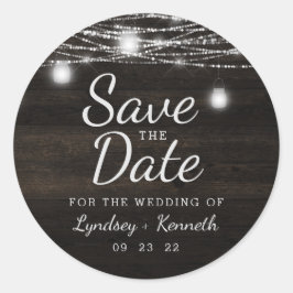 Oak Ridge Rustic Wood & Lights Save the Date Ronde Sticker