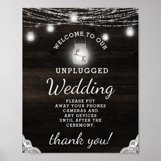 Oak Ridge Rustic Wood Unplugged Wedding Table Sign Poster (Voorkant)