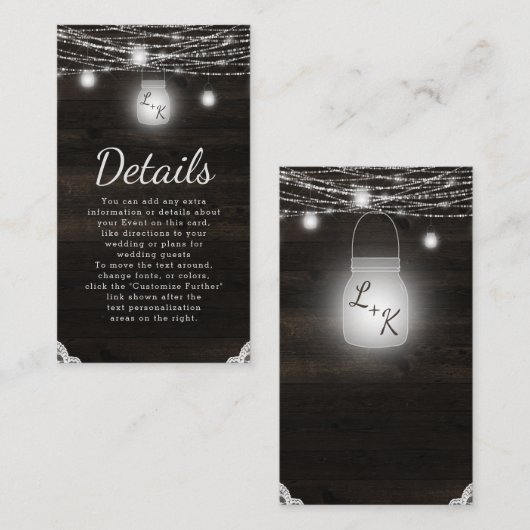 Oak Ridge Rustiek Donker Hout & Kant Bruiloft Deta Informatiekaartje (Voorkant / Achterkant)