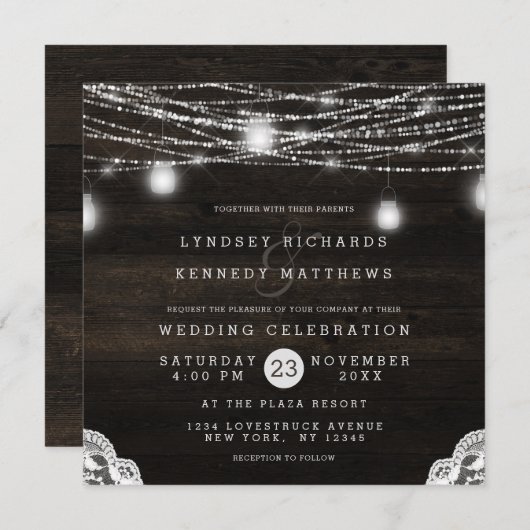 Oak Ridge Rustiek Hout & Kant Bruiloft Vierkant Kaart (Voorkant / Achterkant)