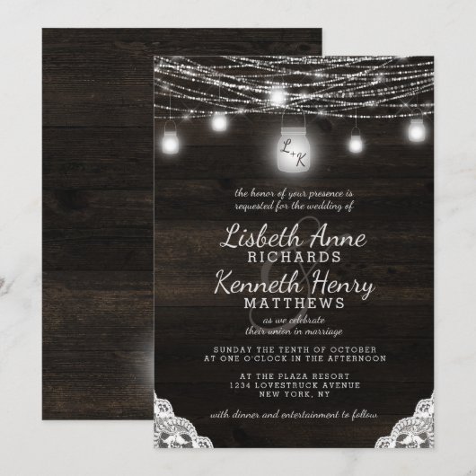 Oak Ridge Rustiek Hout Kant & Mason Jars Bruiloft Kaart (Voorkant / Achterkant)