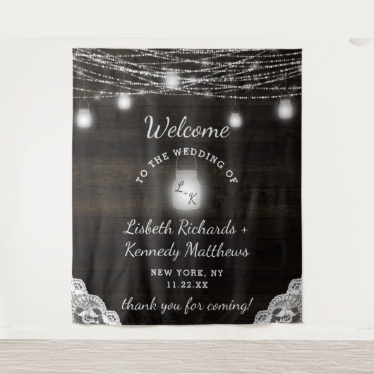 Oak Ridge Rustiek Hout & Mason Jars Bruiloft Welko Wandkleed (Voorkant)