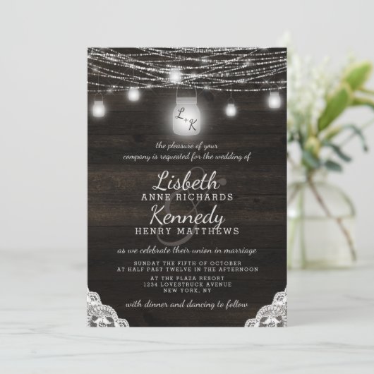 Oak Ridge Rustieke Mason Jars & String Licht Bruil Kaart (Staand voorkant)