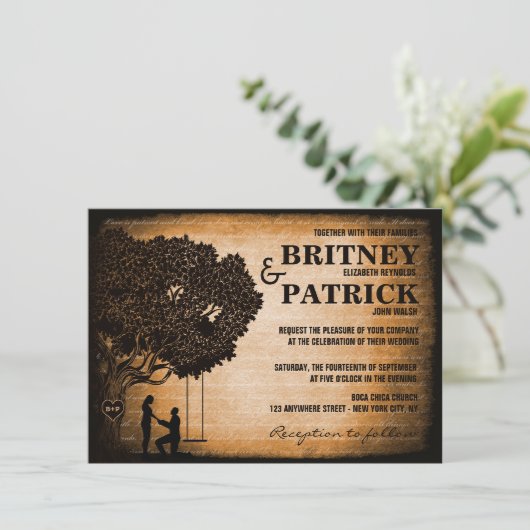 Oak Tree Carved Initialen Wedding Invitations Kaart (Staand voorkant)