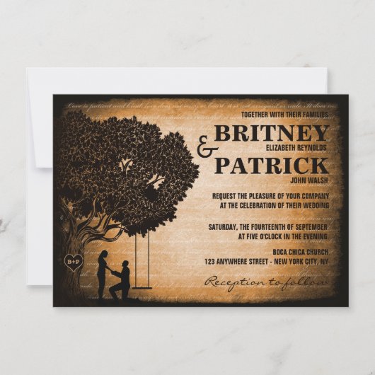 Oak Tree Carved Initialen Wedding Invitations Kaart (Voorkant)
