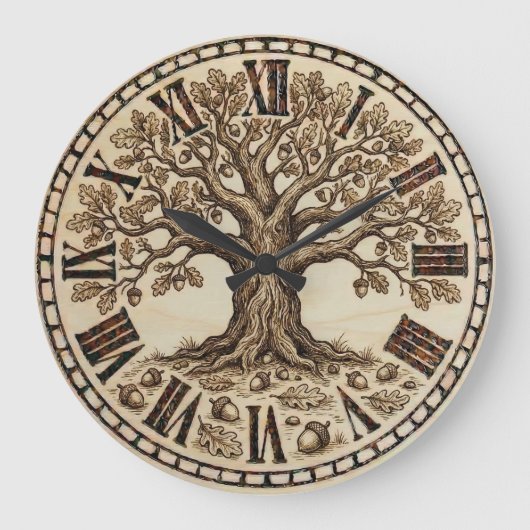 Oak Tree Wall Clock – Wood-Burned Rustic Style Grote Klok (Voorkant)