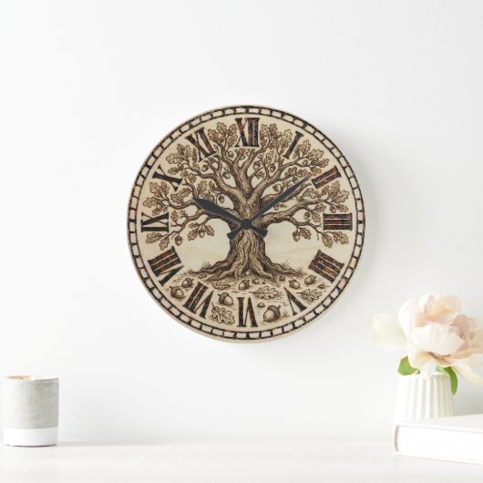Oak Tree Wall Clock – Wood-Burned Rustic Style Grote Klok (Huis)