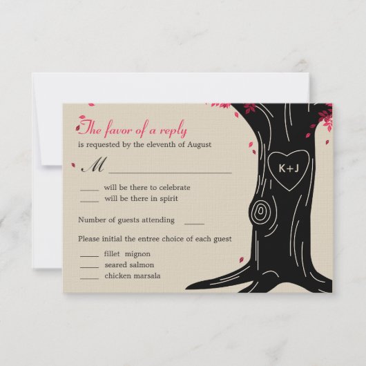 Oak Tree Wedding RSVP-kaart met menu - Fuchsia (Voorkant)