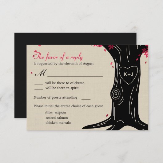 Oak Tree Wedding RSVP-kaart met menu - Fuchsia (Voorkant / Achterkant)