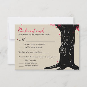 Oak Tree Wedding RSVP-kaart met menu - Fuchsia