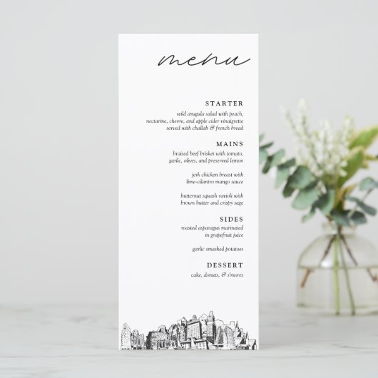 Oakland Skyline Modern Wedding Dinner Menu (Staand voorkant)