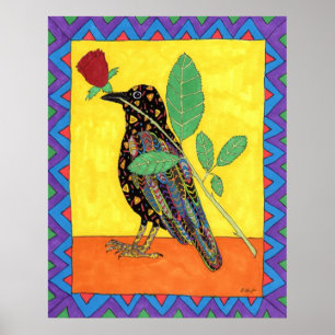 Oaxacan Crow met Red Rose Poster
