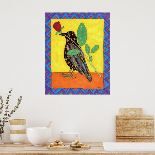 Oaxacan Crow met Red Rose Poster (Keuken)