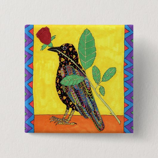Oaxacan Crow met Red Rose Vierkante Button 5,1 Cm (Voorkant)