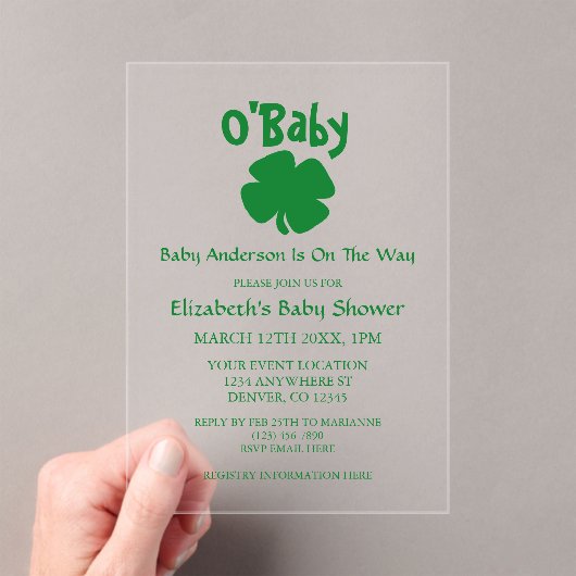 O'Baby St Patrick's Day Baby Shower Acryl Uitnodigingen (Insitu (Draagbaar))
