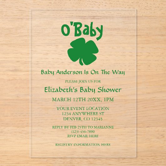 O'Baby St Patrick's Day Baby Shower Acryl Uitnodigingen (Voorkant)