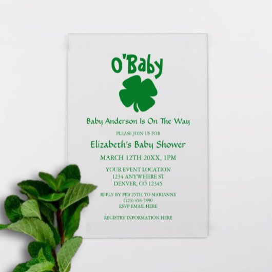 O'Baby St Patrick's Day Baby Shower Acryl Uitnodigingen