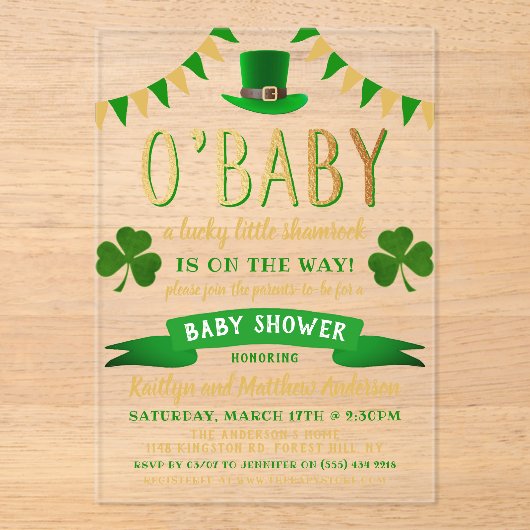 O'Baby St. Patrick's Day Baby shower Acryl Uitnodigingen (Voorkant)
