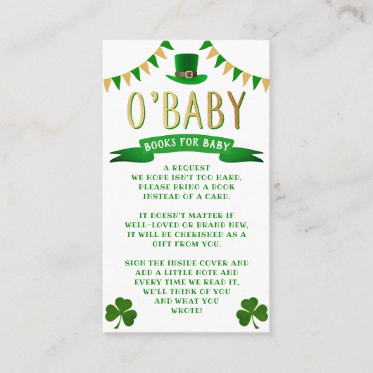 O'Baby St. Patrick's Day Baby shower Book Request Informatiekaartje (Voorkant)
