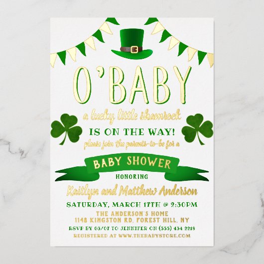 O'Baby St. Patrick's Day Baby shower Real Folie Uitnodiging (Voorkant)