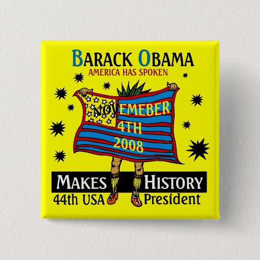 OBAMA MAKT GESCHIEDENIS VIERKANTE BUTTON 5,1 CM (Voorkant)