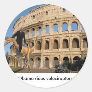 Obama rijdt op velociraptors. ronde sticker