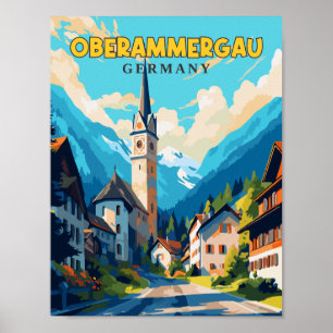 Oberammergau Duitsland vintage reisillustratie Poster