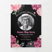 Obituary Celebration Life Foto Roze Bloemen Drieluik Uitnodiging (Cover)