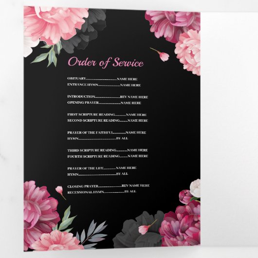 Obituary Celebration Life Foto Roze Bloemen Drieluik Uitnodiging (Binnenzijde eerst)