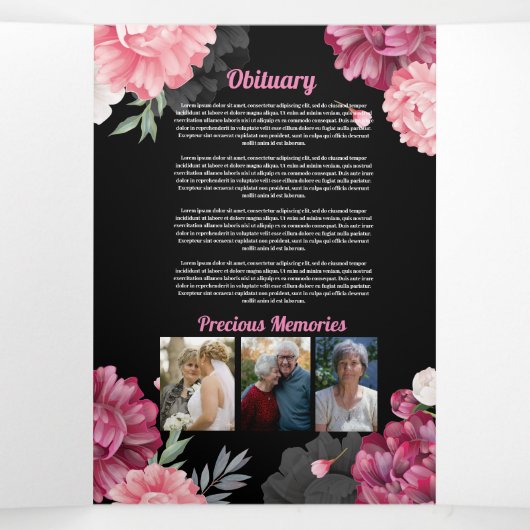 Obituary Celebration Life Foto Roze Bloemen Drieluik Uitnodiging (Binnenkant midden)
