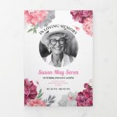 Obituary Celebration Life Foto Roze Bloemen Wit Drieluik Uitnodiging (Cover)