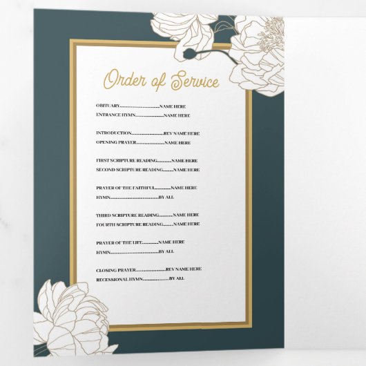 Obituary Celebration of Life Foto Bloemen Groen Drieluik Uitnodiging (Binnenzijde eerst)