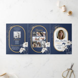 Obituary Celebration of Life Foto Bloemen Navy Drieluik Uitnodiging
